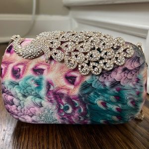 Tacha watercolor peacock clutch crossbody bag vintage